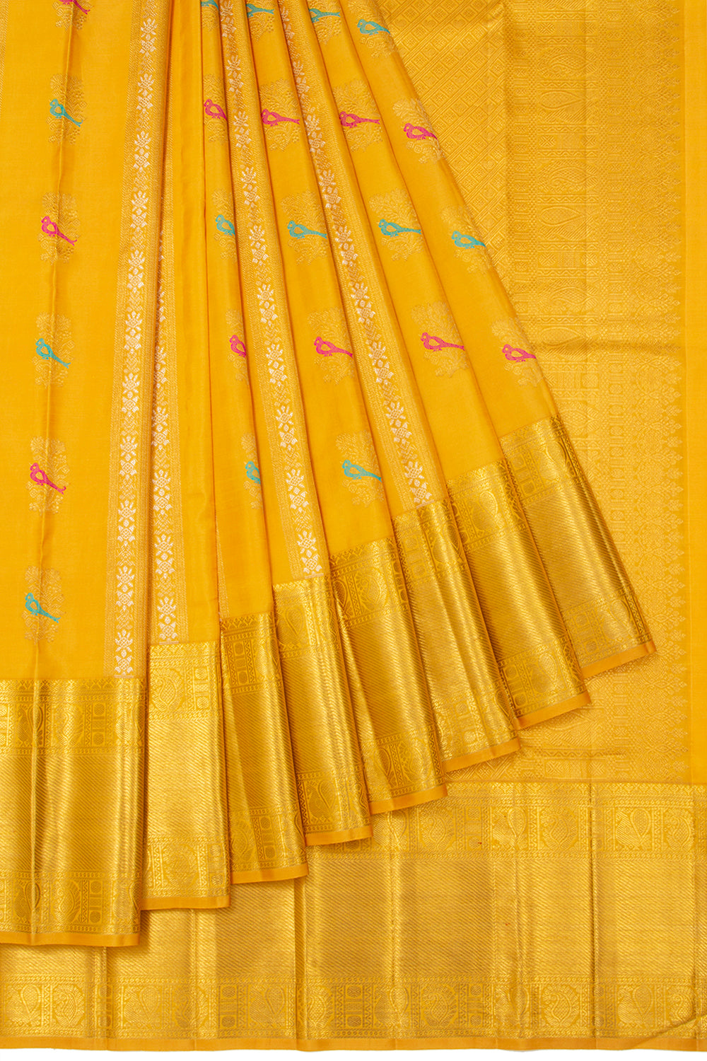 Kanchipuram Silk Vertical Lines And Butta Mustard Yellow Saree