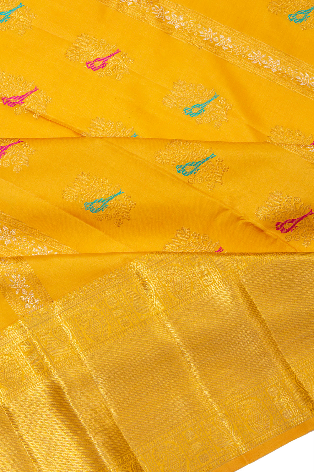 Kanchipuram Silk Vertical Lines And Butta Mustard Yellow Saree