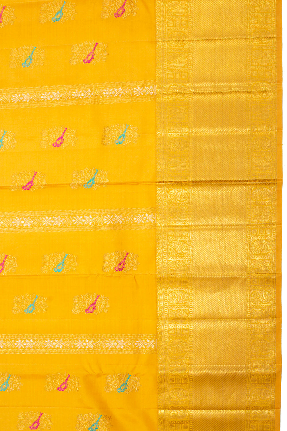 Kanchipuram Silk Vertical Lines And Butta Mustard Yellow Saree