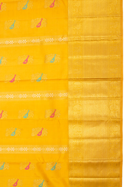 Kanchipuram Silk Vertical Lines And Butta Mustard Yellow Saree