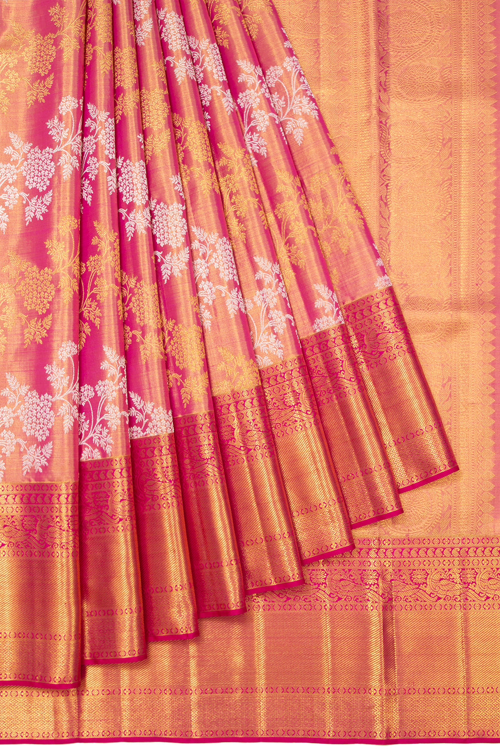 Kanchipuram Silk Tissue Lehariya Jaal Pink Saree