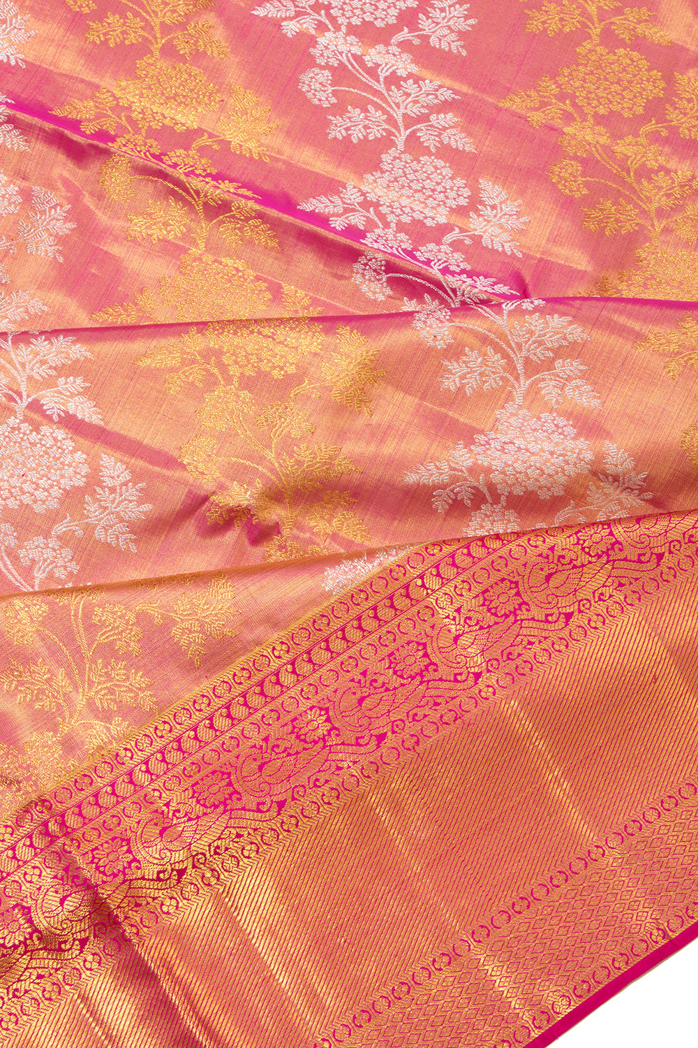 Kanchipuram Silk Tissue Lehariya Jaal Pink Saree