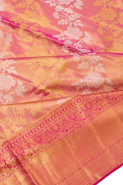 Kanchipuram Silk Tissue Lehariya Jaal Pink Saree