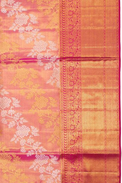 Kanchipuram Silk Tissue Lehariya Jaal Pink Saree