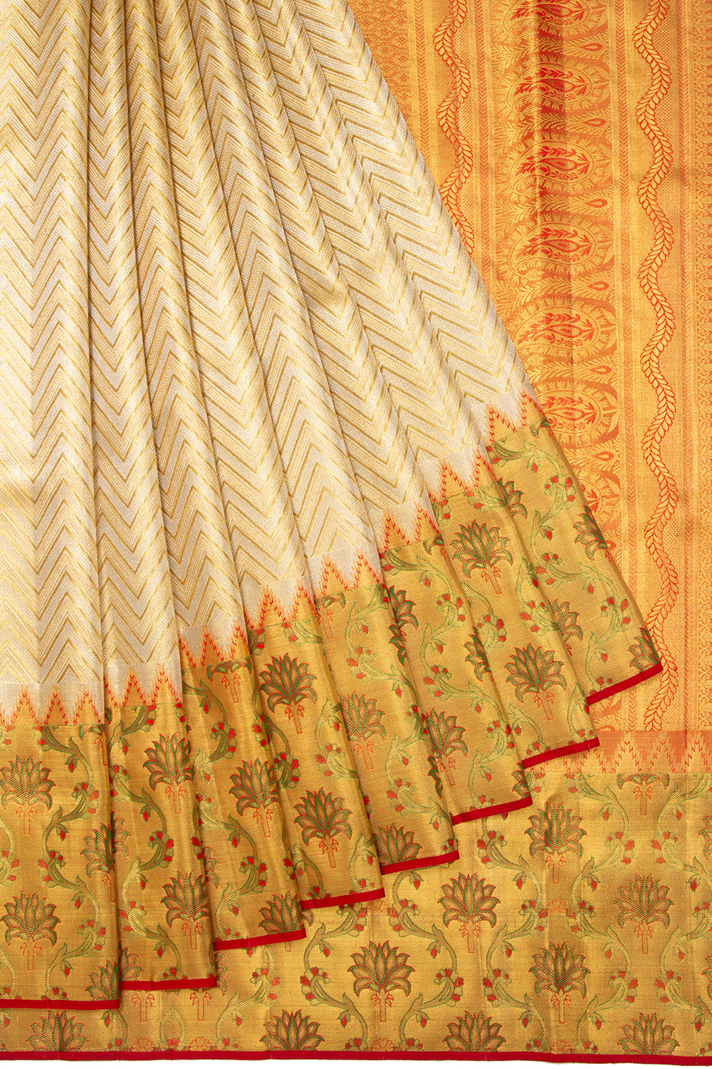 Kanchipuram Silk Tissue Zig Zag Lines Gold Saree