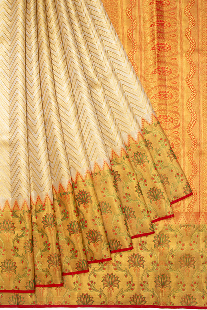 Kanchipuram Silk Tissue Zig Zag Lines Gold Saree