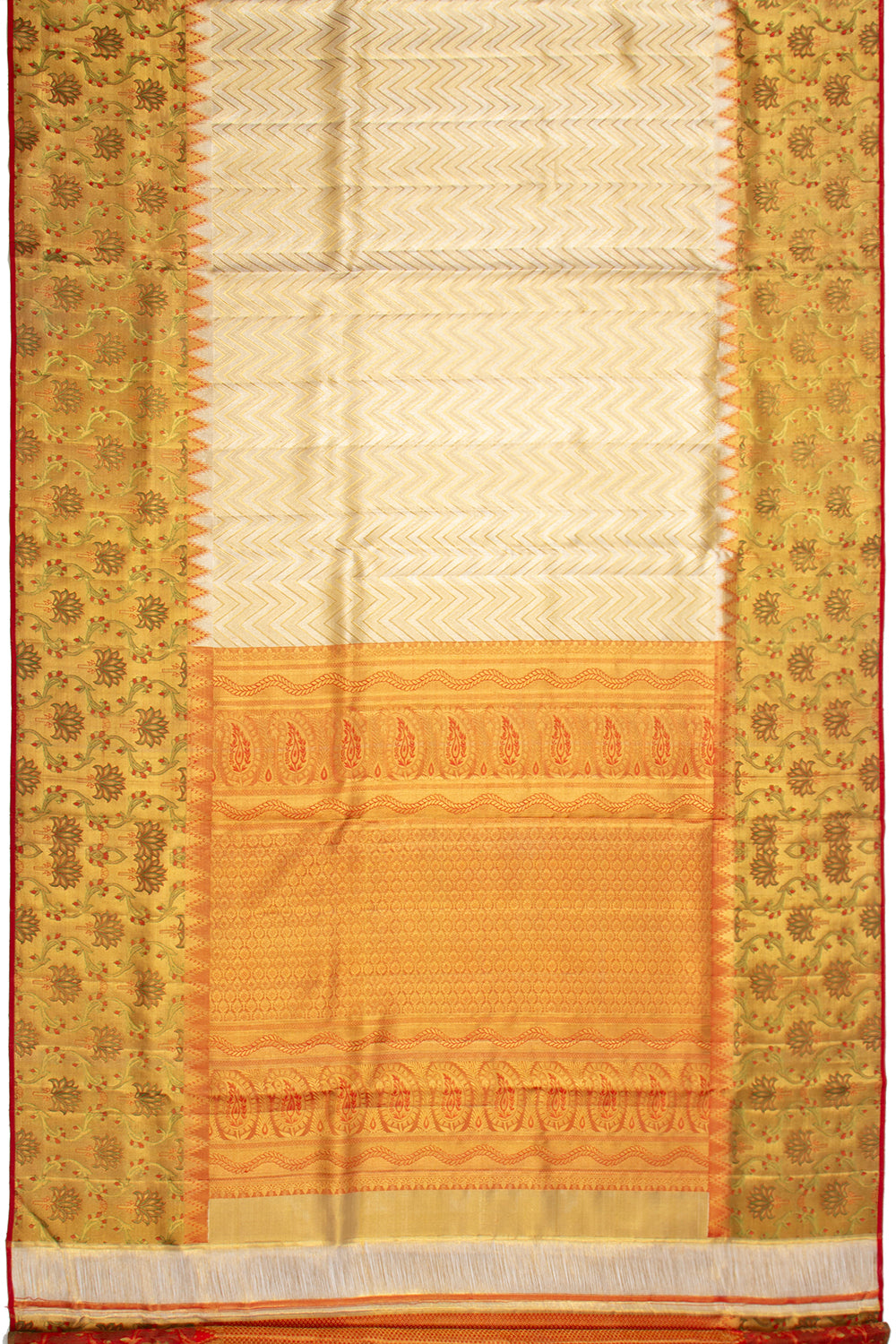 Kanchipuram Silk Tissue Zig Zag Lines Gold Saree