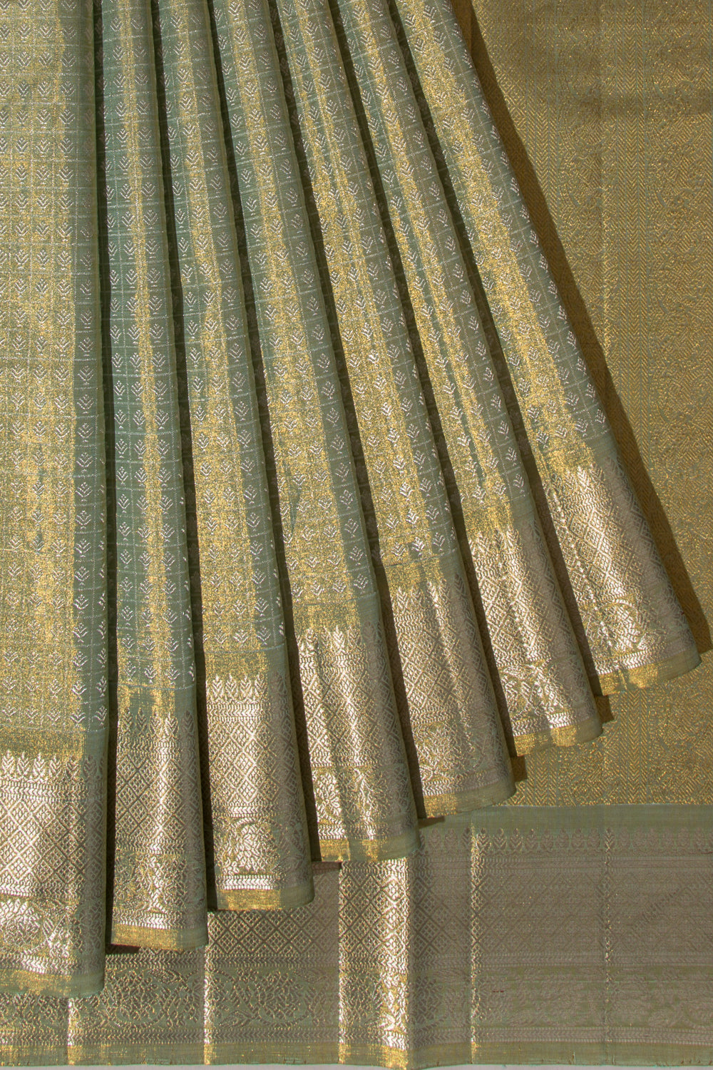 Kanchipuram Silk Tissue Checks And Butta Green Saree
