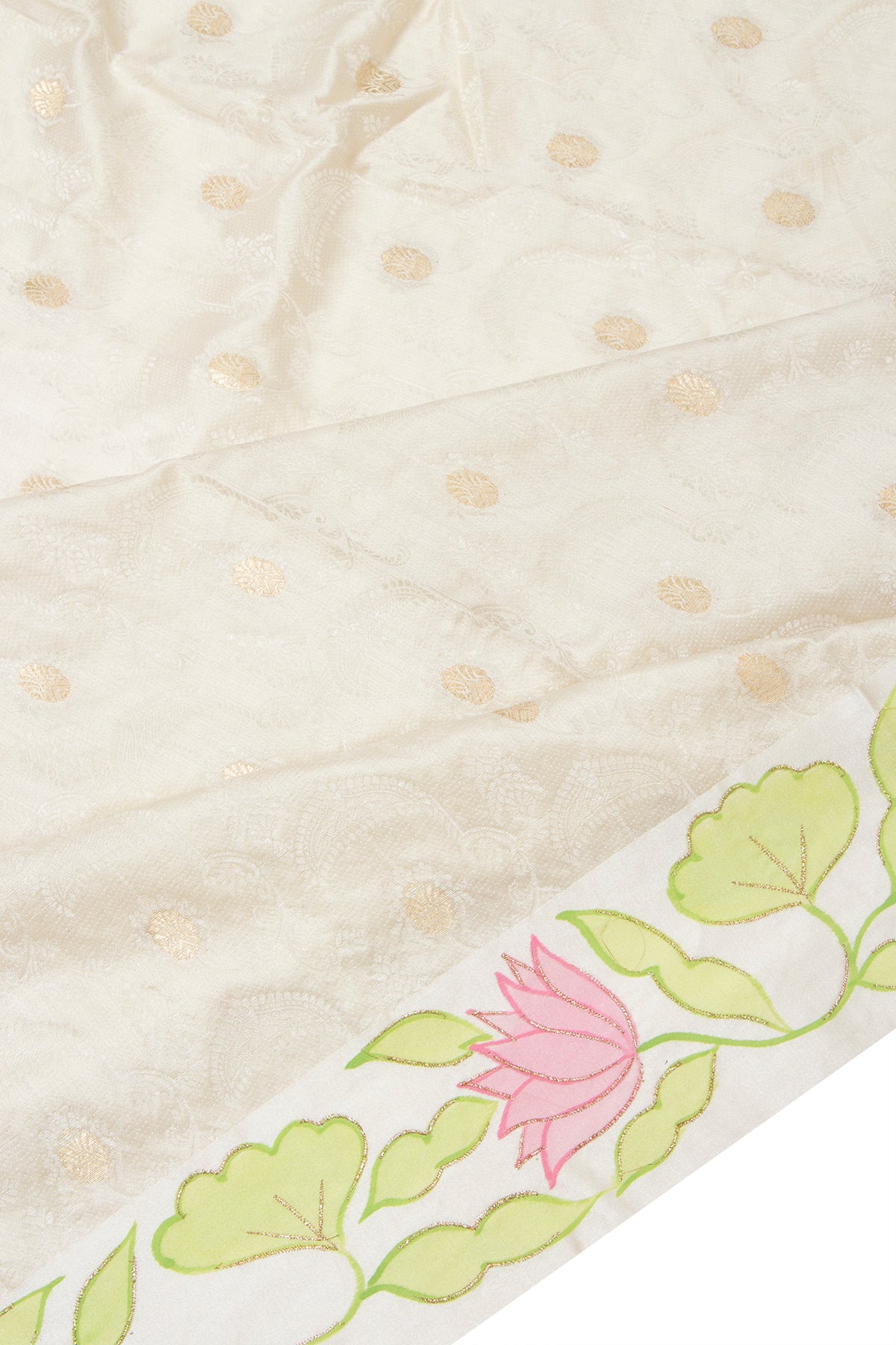 Soft Tussar Jacquard And Butta Cream Saree With Floral Printed Satin Border