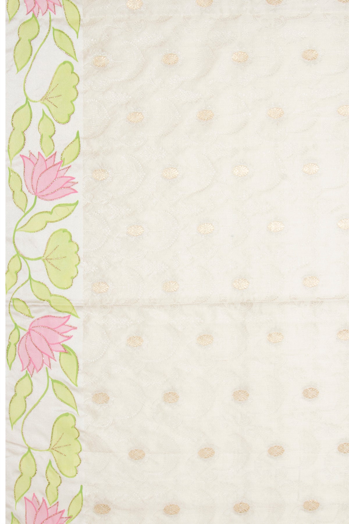 Soft Tussar Jacquard And Butta Cream Saree With Floral Printed Satin Border