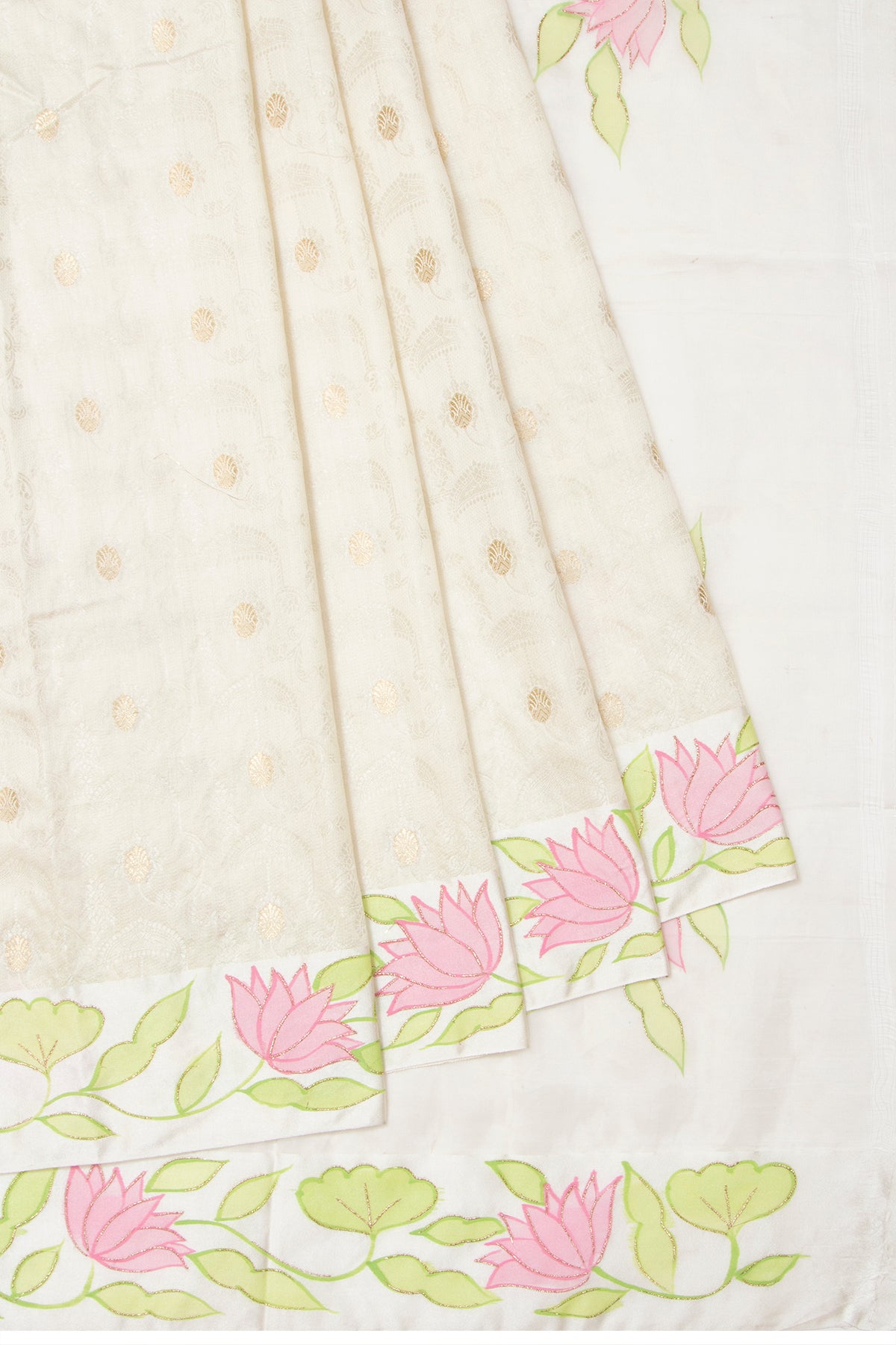 Soft Tussar Jacquard And Butta Cream Saree With Floral Printed Satin Border With Gift Box And Rakhi