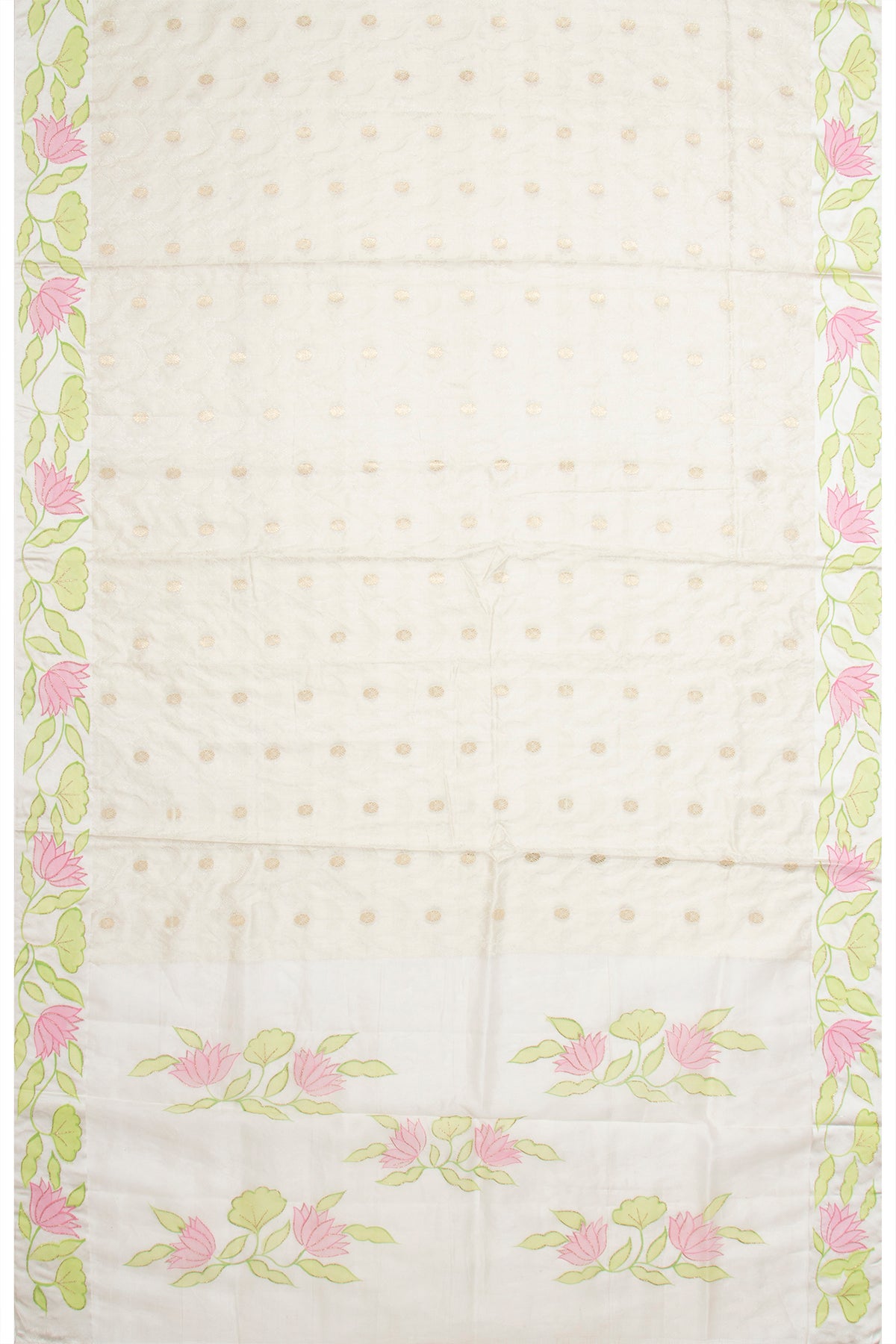 Soft Tussar Jacquard And Butta Cream Saree With Floral Printed Satin Border With Gift Box And Rakhi
