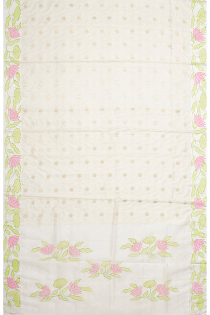 Soft Tussar Jacquard And Butta Cream Saree With Floral Printed Satin Border With Gift Box And Rakhi