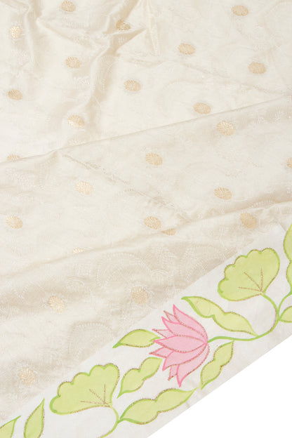 Soft Tussar Jacquard And Butta Cream Saree With Floral Printed Satin Border With Gift Box And Rakhi