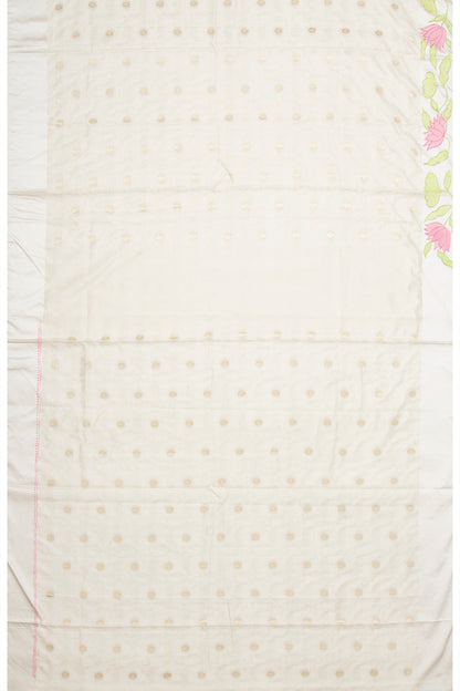Soft Tussar Jacquard And Butta Cream Saree With Floral Printed Satin Border With Gift Box And Rakhi