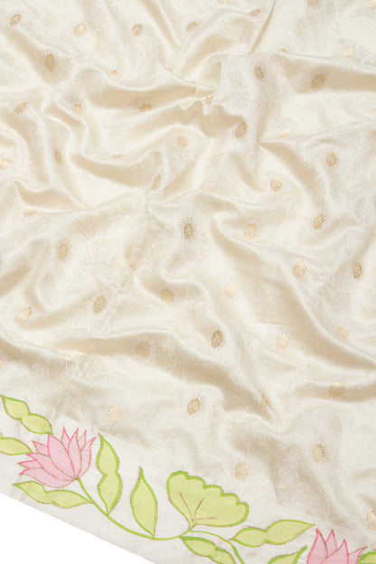 Banarasi Katan Silk Jacquard And Butta Cream Saree With Printed Border