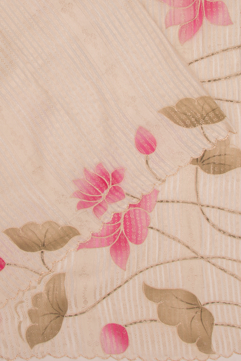 Banarasi Silk Vertical Lines Cream Saree With Scallop Border