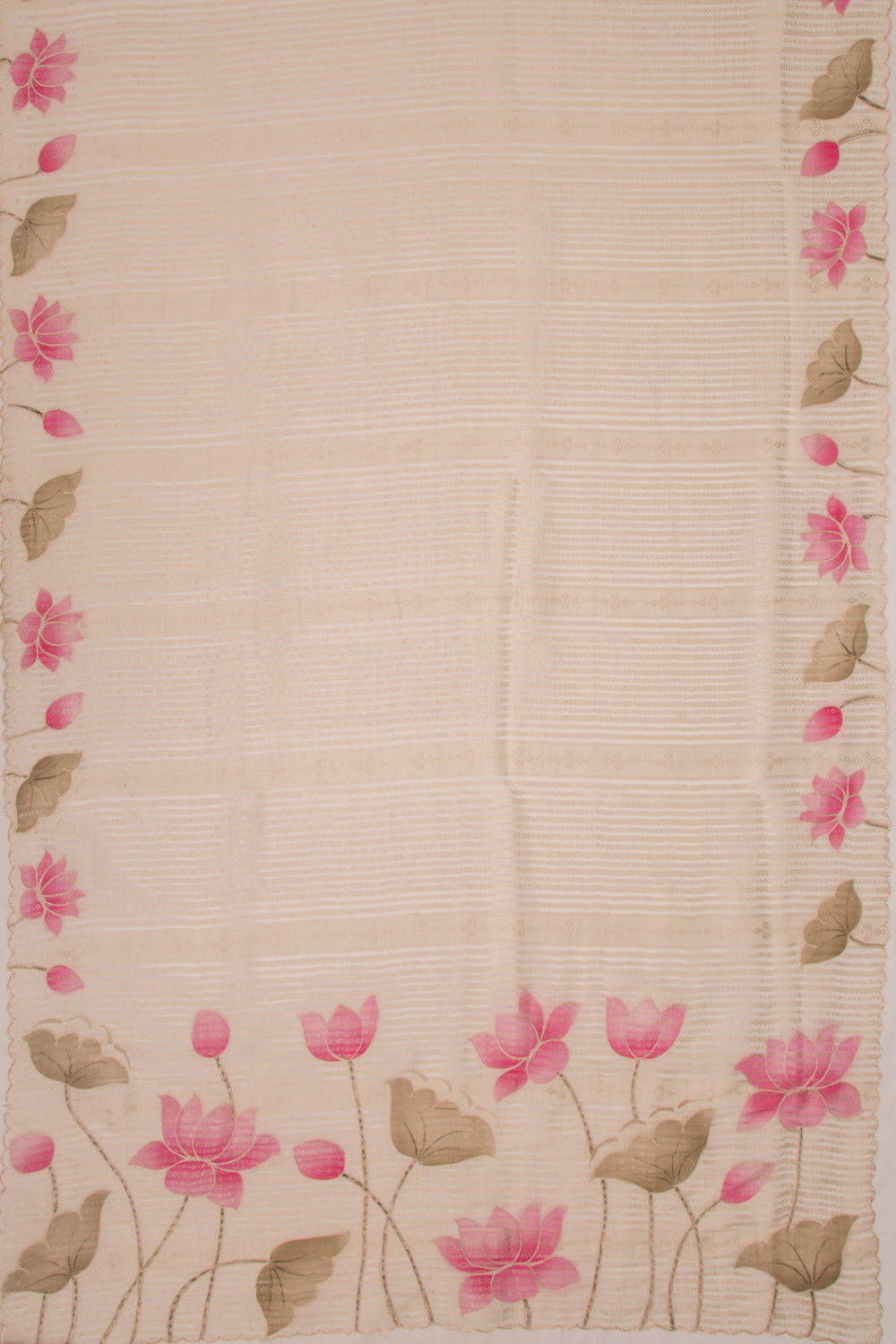 Banarasi Silk Vertical Lines Cream Saree With Scallop Border