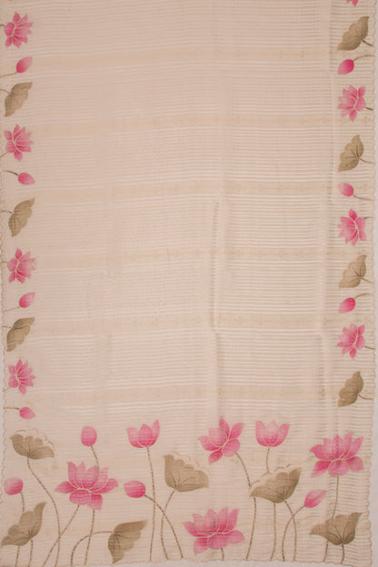 Banarasi Silk Vertical Lines Cream Saree With Scallop Border