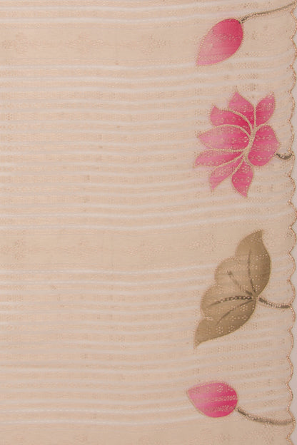 Banarasi Silk Vertical Lines Cream Saree With Scallop Border