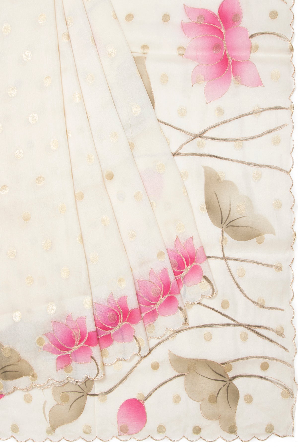 Soft Tussar Butta Cream Saree With Floral Printed Scallop Border