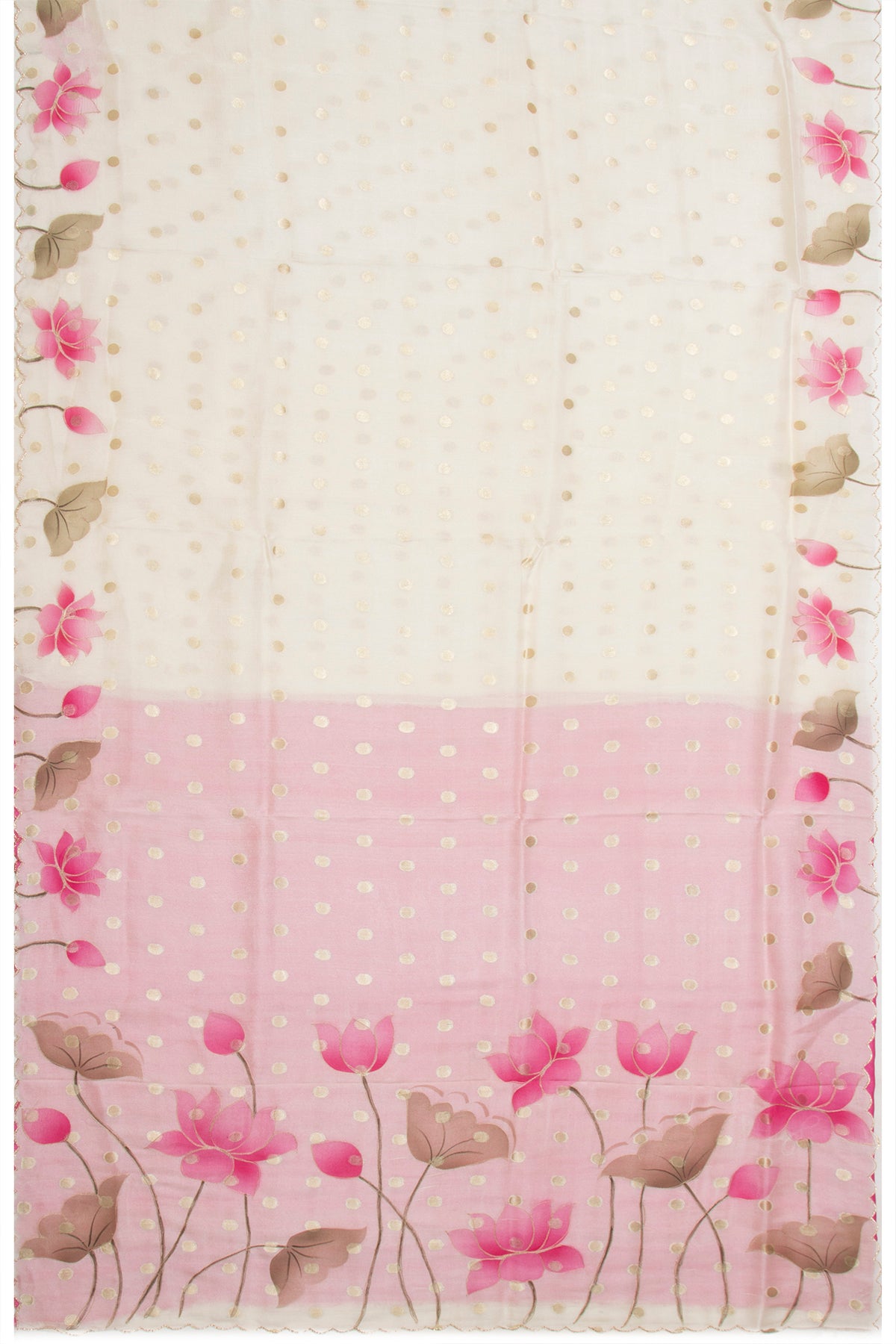 Soft Tussar Butta Cream Saree With Floral Printed Scallop Border