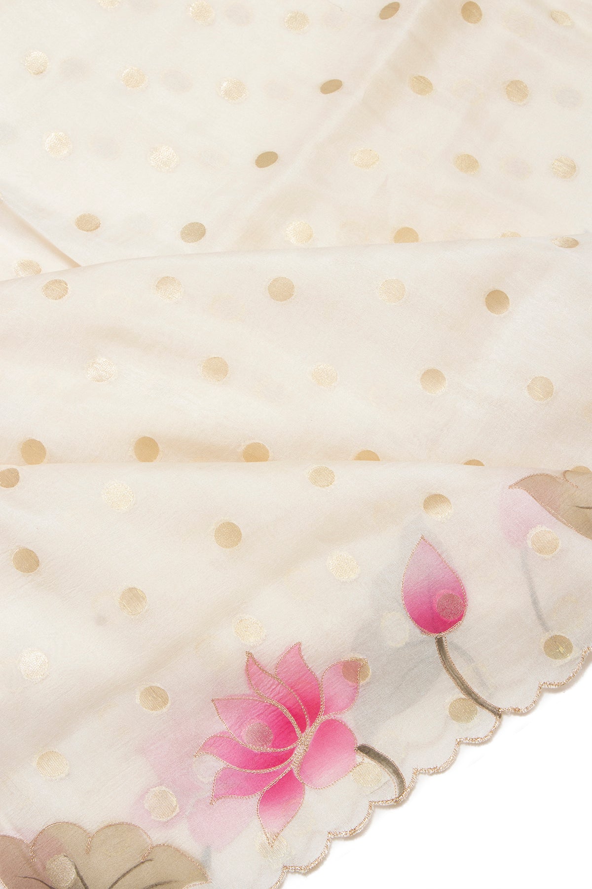 Soft Tussar Butta Cream Saree With Floral Printed Scallop Border