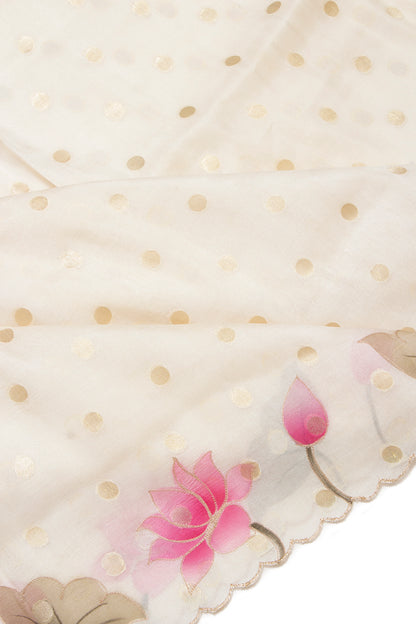 Soft Tussar Butta Cream Saree With Floral Printed Scallop Border