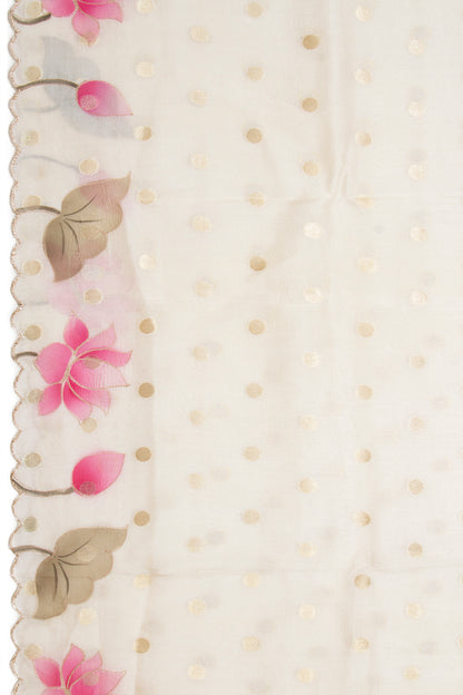 Soft Tussar Butta Cream Saree With Floral Printed Scallop Border
