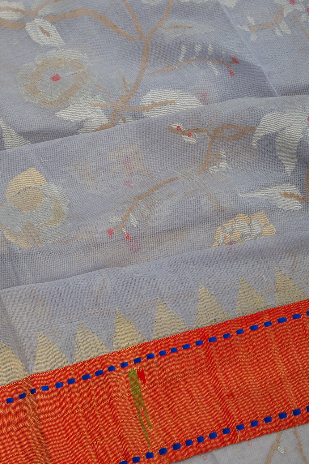 Ponduru Handspun Cotton All Over Jamdani Pastel Blue Saree With Paithani Border