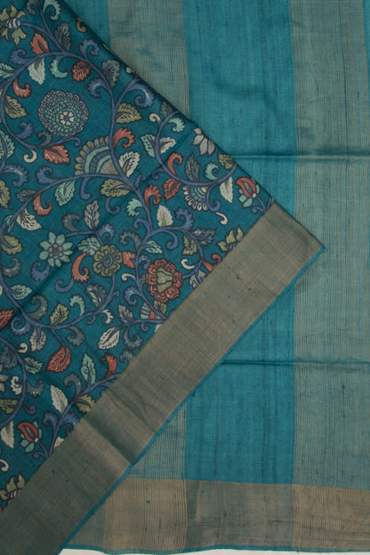 Tussar Kalamkari Floral Printed Blue Saree