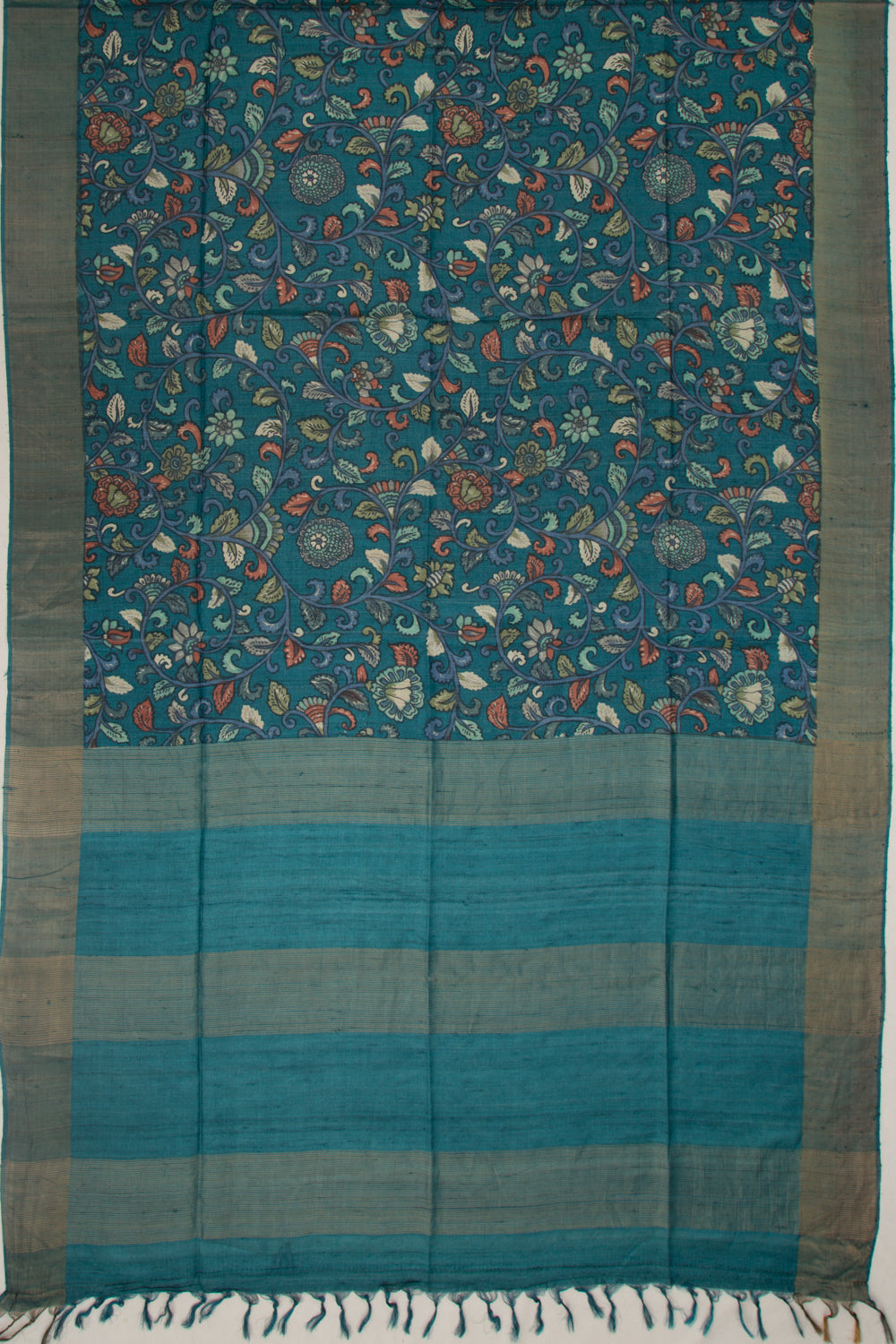 Tussar Kalamkari Floral Printed Blue Saree