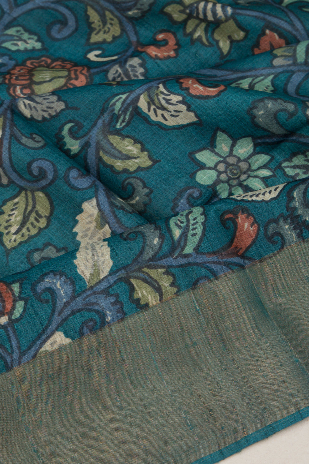 Tussar Kalamkari Floral Printed Blue Saree