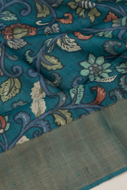 Tussar Kalamkari Floral Printed Blue Saree