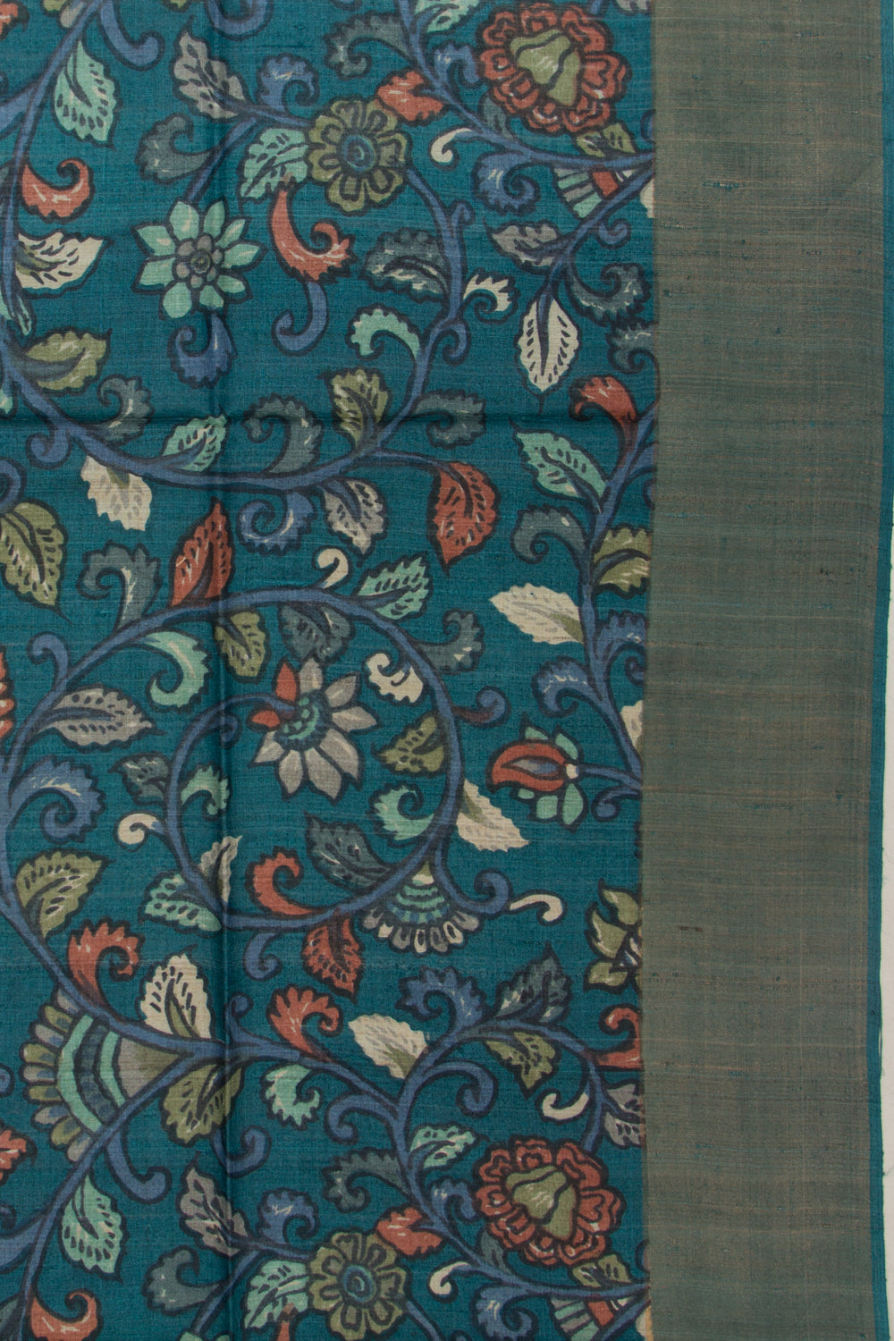 Tussar Kalamkari Floral Printed Blue Saree