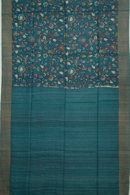 Tussar Kalamkari Floral Printed Blue Saree