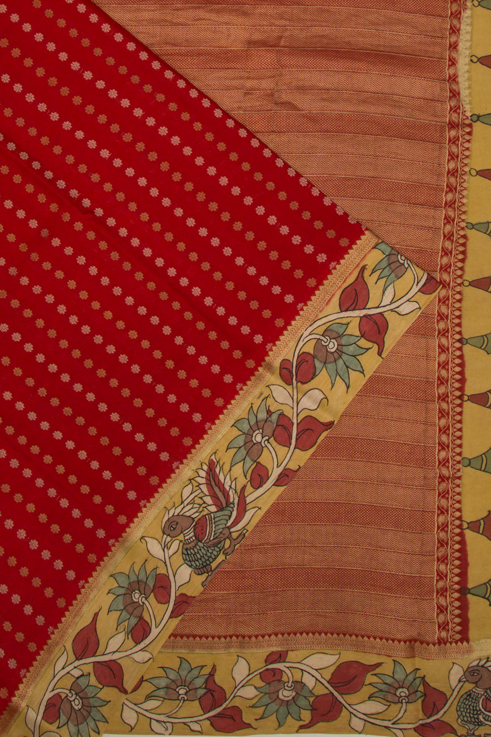 Georgette Butta Red Saree With Kalamkari Border
