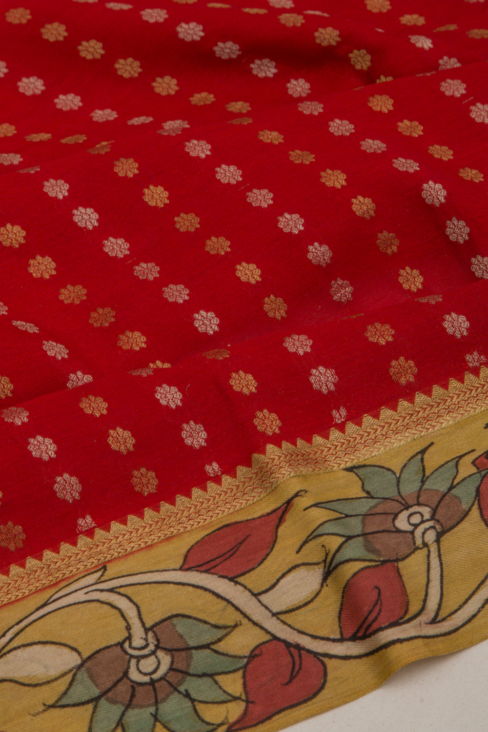 Georgette Butta Red Saree With Kalamkari Border