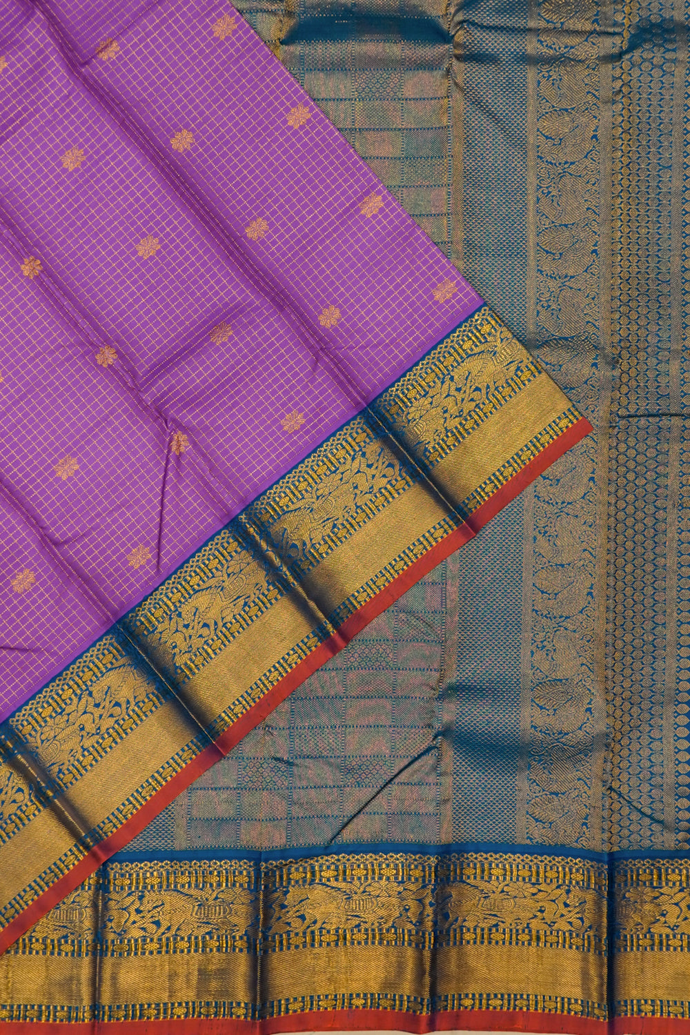 Kanchipuram Silk Checks And Butta Lavender Saree