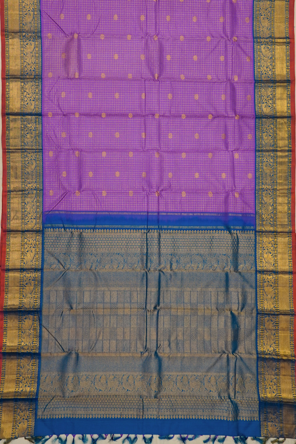 Kanchipuram Silk Checks And Butta Lavender Saree