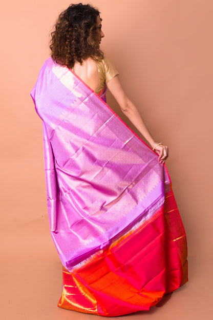 Kanchipuram Silk Checks And Butta Lavender Saree
