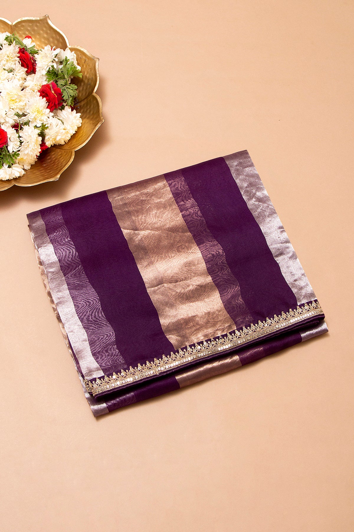 Organza Tissue Vertical Lines Purple Saree