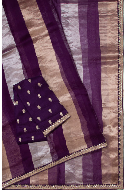 Organza Tissue Vertical Lines Purple Saree