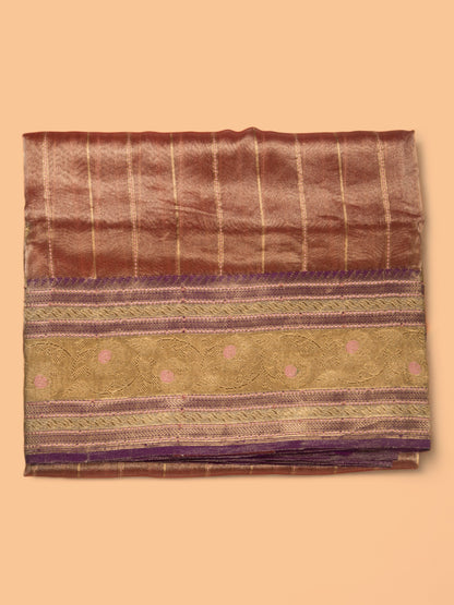 Banarasi Kora Organza Tissue Vertical Lines Pastel Brown Saree