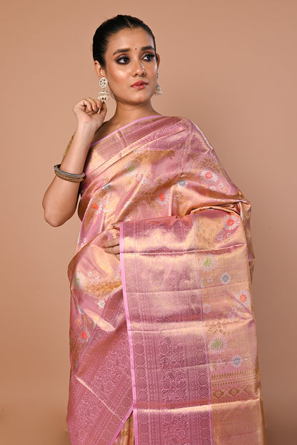 Kanchipuram Silk Tissue Jaal Baby Pink Saree