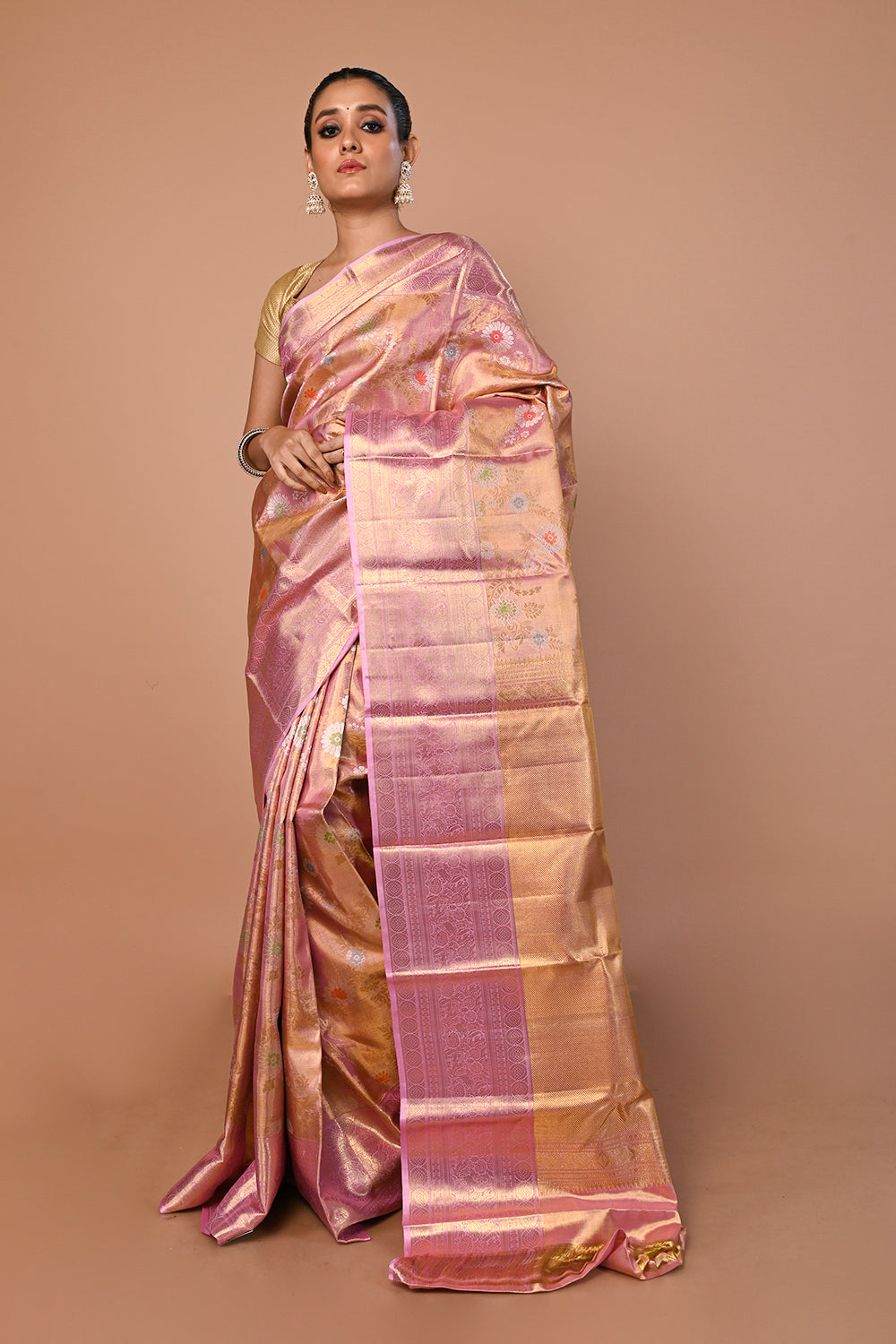 Kanchipuram Silk Tissue Jaal Baby Pink Saree