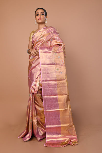 Kanchipuram Silk Tissue Jaal Baby Pink Saree