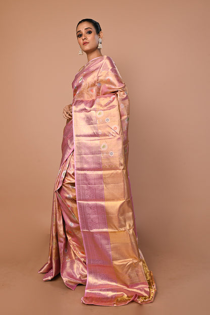 Kanchipuram Silk Tissue Jaal Baby Pink Saree