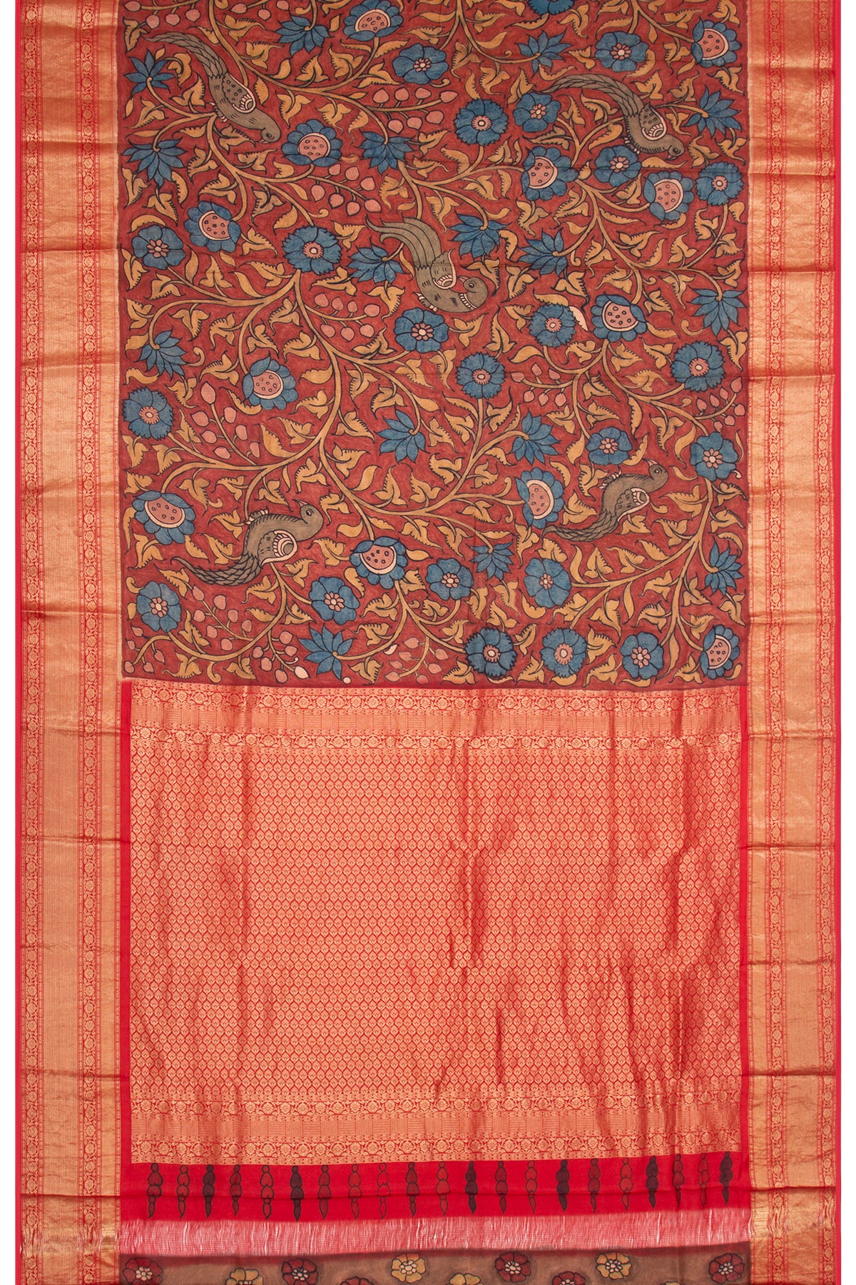 Taranga Kanchi Silk Kalamkari Hand Painted Brown Saree
