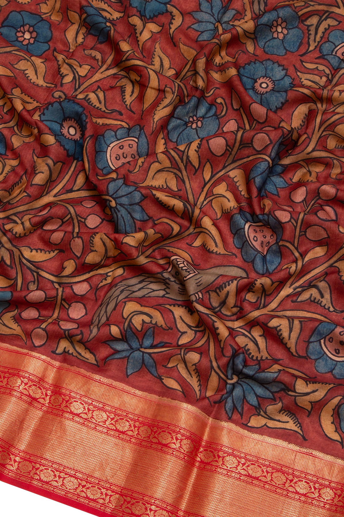 Taranga Kanchi Silk Kalamkari Hand Painted Brown Saree